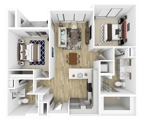 Floor plan for 2 beds, 2 baths, 999 sqft